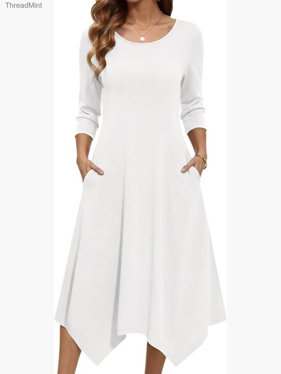 Dresses & Skirts - Midi Dress 3/4 Sleeve A-Line with Pockets Casual Beach Sundress